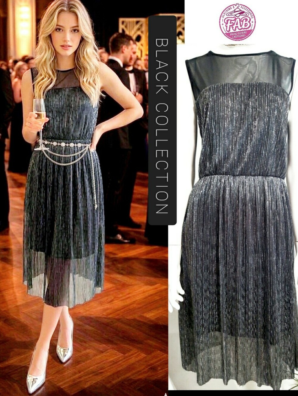 Black Collection🎀Shimmer Metallic Silver-Black Pleated Mesh Dress